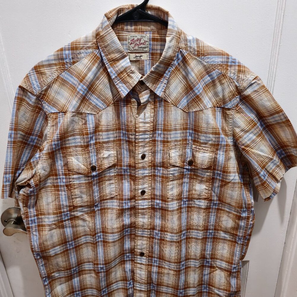 Lucky Brand Brown and Light Blue Plaid Short-Sleeve Button-Down Shirt